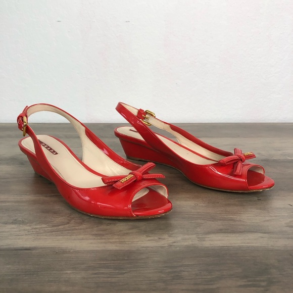 Prada Shoes - Prada Cherry Red Slingback Wedges